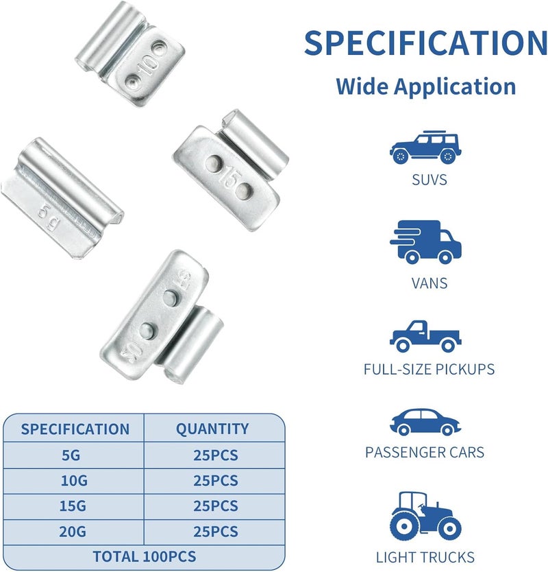 Dueilgo 100Pcs Wheel Weights Clip on Kit for Tire Balance, Iron Clip for Car Tires Balancing Accessories Compatible with Most Vehicle Alloy Wheels, 5g, 10g, 15g, 20g, 25Pcs for Each Style, Total 100Pcs/ Box - Image 2